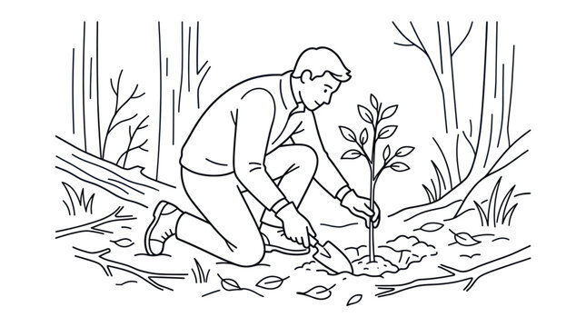 Man planting young tree sapling in forest line art.