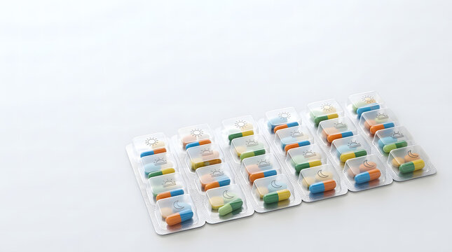 Rows of blister-packed pills organized by time of day, morning, afternoon, and night.
