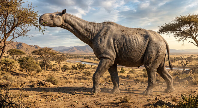 Paraceratherium an extinct giant rhinoceros like mammal in a prehistoric landscape eating leaves from a tree under a cloudy sky