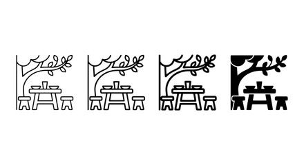 Obraz premium Picnic Table Icons Set, Outdoor Dining, Park Bench, Tree Shade, Simple Line Art