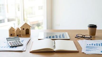 Fototapeta premium A person is working on financial documents at a wooden desk. A miniature house model, a calculator, a tablet displaying charts, a notebook, glasses, and a coffee cup are arranged on the desk.
