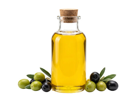 Glass bottle of extra virgin olive oil with green and black olives isolated element on transparent background.