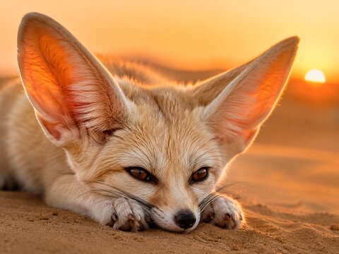 Close-up of a fennec fox's face resting on desert sand at sunset, with its large ears prominent and the sun low on the horizon