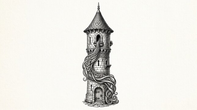 A black and white ink illustration of a tall stone tower with long, intricate hair flowing out of a window and down to the ground.
