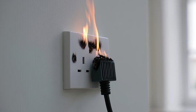 A sparking electrical outlet on a white wall, with a plug on fire