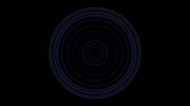 Futuristic animation of blue glowing concentric circles and dotted lines rotating on a black background