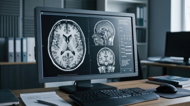 A radiologist examines an MRI scan of a human brain on a computer monitor.
