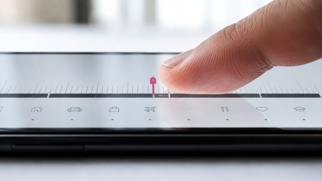 Touch screen finger hand close up swipe tap scale ruler interface technology digital mobile tablet control cursor pointer measurement precision select icon flat white gray minimal modern copy