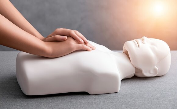 Hands performing chest compressions on a training mannequin