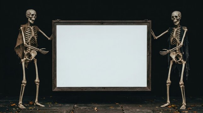 Two human skeletons holding a large blank white board for presentation