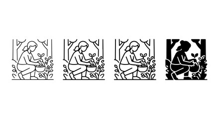 Obraz premium Gardening Girl Vector Set, Planting Seedlings, Organic Farming Icons, Nature Illustration