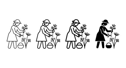 Fototapeta premium Gardening Icons Set: Woman Harvesting Plants, Floral Arrangement, Simple Line Art