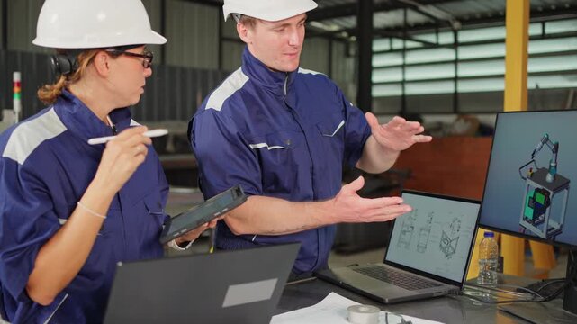 Engineers review a 3D robotic system design on a monitor while collaborating with digital tools in a modern factory. Smart manufacturing, industrial automation.