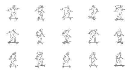 Obraz premium Skateboarders depicted in various dynamic riding poses showcase the energetic spirit of urban street sports through a series of sleek and modern outline illustrations for youth culture media.