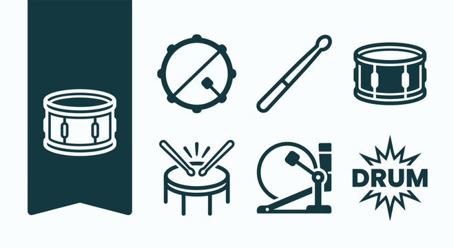 Minimal Monochrome Dark Teal Drum Icon Set for Percussion and Music Branding. Featuring Flat Vector Snare, Drumsticks, and Kick Pedal Graphics on a Clean White Background for Design.