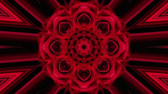 Romantic red rose petal flower kaleidoscope loop background beautiful symmetrical floral mandala pattern. Valentine day background video