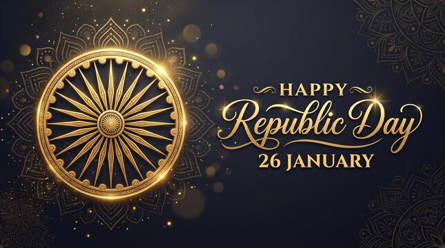 Indian republic Day celebrations with 26th January golden calligraphy design banner