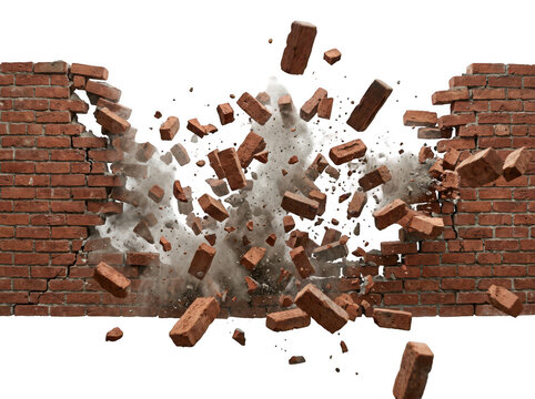 Exploding red brick wall. Destruction of a masonry barrier with flying debris and dust.