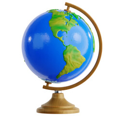 World globe model on wooden stand standing upright showcasing continents in smooth 3D illustration isolated on transparent background for back to school geography study, global education concept. © Zulfikar