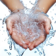 Fototapeta premium Hands Catching Water Splash with Droplets White Background