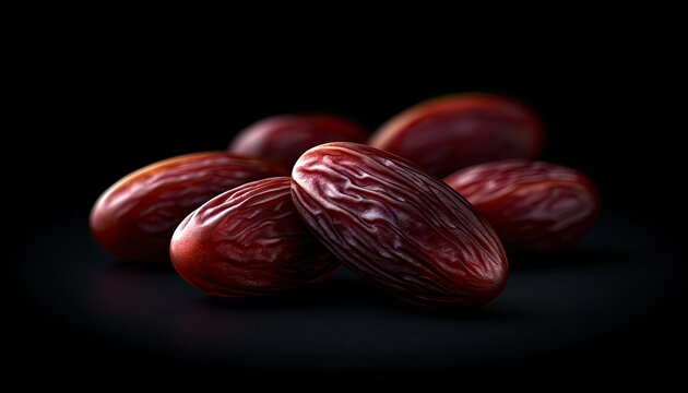 Dark red, wrinkled, dried fruits with smooth, glossy surfaces on black