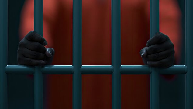 Person in orange jumpsuit grips prison bars, a symbol of confinement