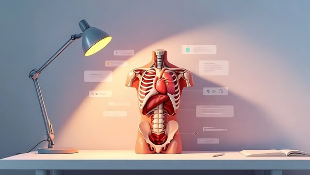 Human anatomy skeleton model study desk setup with skeleton