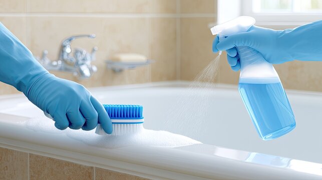 Blue-gloved hands clean a bathtub with a spray bottle and scrub brush
