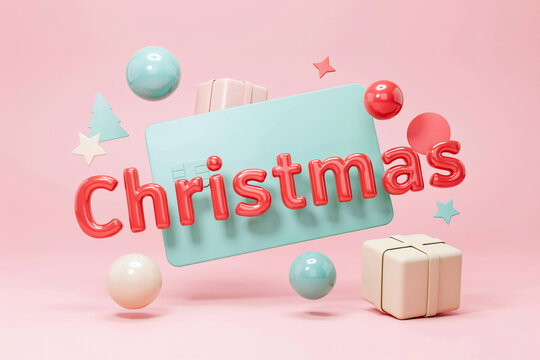 Modern 3D Floating Christmas Gift Card Mockup on Pink and Mint Green Pastel Background, Creative Holiday Retail Concept