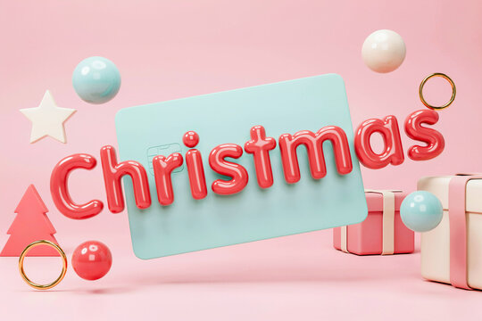 Modern 3D Floating Christmas Gift Card Mockup on Pink and Mint Green Pastel Background, Creative Holiday Retail Concept