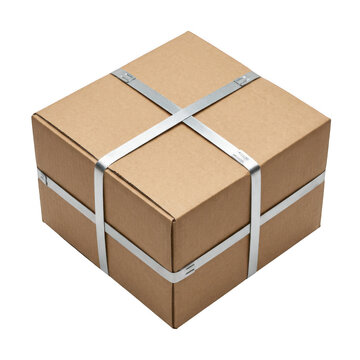 Cardboard box with metal strapping. Secure parcel package for industrial shipping logistics.