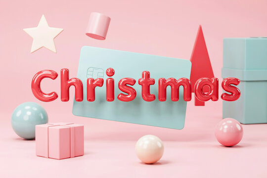 Modern 3D Floating Christmas Gift Card Mockup on Pink and Mint Green Pastel Background, Creative Holiday Retail Concept