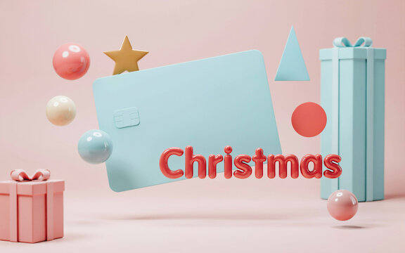 Modern 3D Floating Christmas Gift Card Mockup on Pink and Mint Green Pastel Background, Creative Holiday Retail Concept