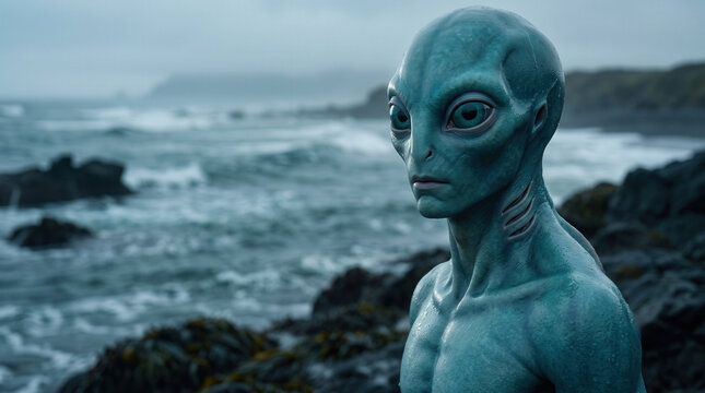 Blue Alien Standing on Rocky Ocean Shore Under Overcast Sky