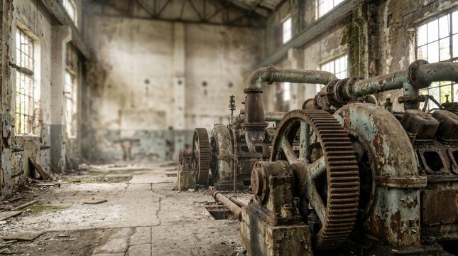 Large, weathered machinery dominates an abandoned industrial space. Rusty gears and pipes are prominently displayed, suggesting a former power plant or factory.
