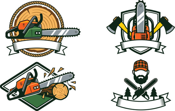 Lumberjack carpentry and logging workshop vintage logo template set with retro badges featuring chainsaw wood trunk tree logs crossed axes and bearded man