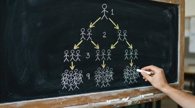 Hierarchical organizational chart drawn on blackboard with chalk with illustrating branching structure numbered levels stylized figures hand drawn
