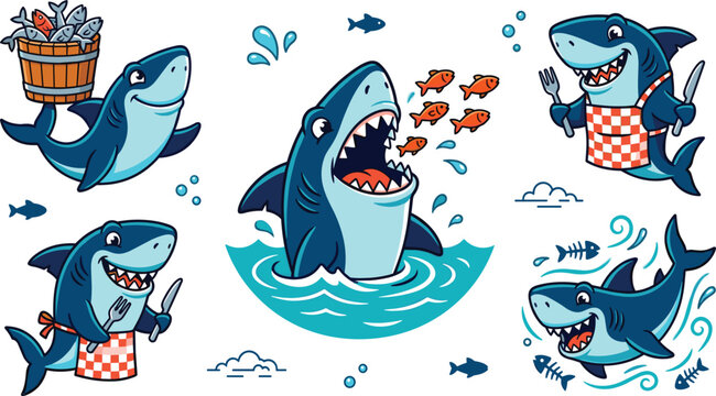Cute Shark Cartoon Character Vector Illustration Bundle with Hungry Blue Predators Wearing Aprons Carrying Fish Buckets and Eating Seafood Design Elements