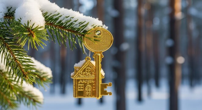 Golden house-shaped key hangs as a decorative ornament on a snowy pine branch in a winter forest, symbolizing a new home for the holidays, nature, ownership, housing