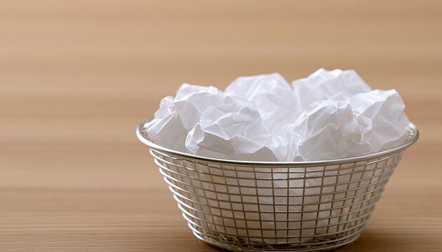 Crumpled white paper fills a metallic mesh container on a wooden surface