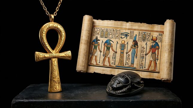traditional Egyptian cultural symbols, featuring a golden Ankh amulet, an intricately painted papyrus scroll, and a miniature basalt scarab beetle statue, metallic gleam, pitch black background.
