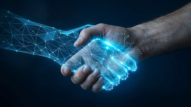 Human hand shaking digital AI glowing wireframe hand in technology deal