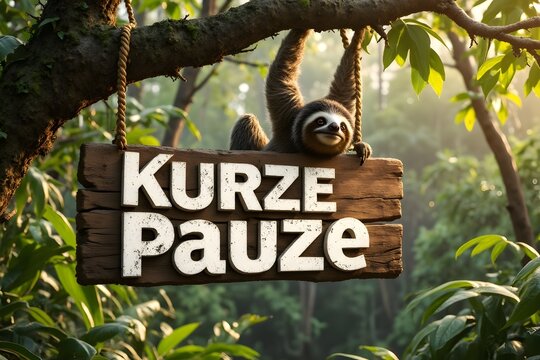 Pause Holzschild im tropischen Wald mit Faultier