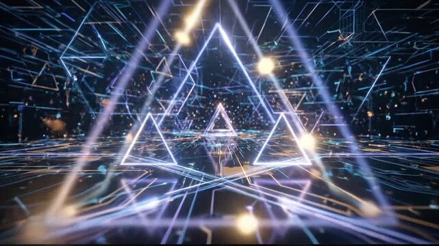 Futuristic digital network with glowing triangular holograms and interconnected neon lines