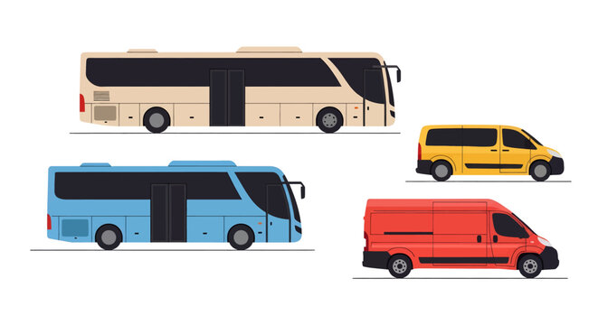Collection of various public and commercial transport vehicles including buses and vans in a flat design style.