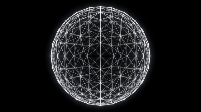 White wireframe sphere with geometric mesh pattern on black background