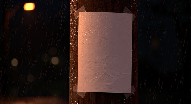 Blank paper taped to pole in rain, blurred lights in background