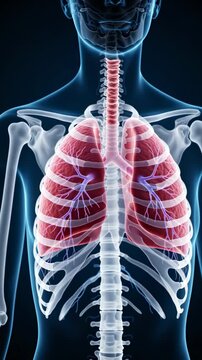 Anatomical illustration of human respiratory system showing lungs, rib cage, and spine in a glowing blue and red scientific view