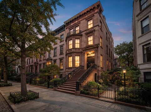 Brownstone apartment building on corner street at dusk
