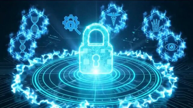 Digital key concept graphic featuring data security icons and circular technology interface